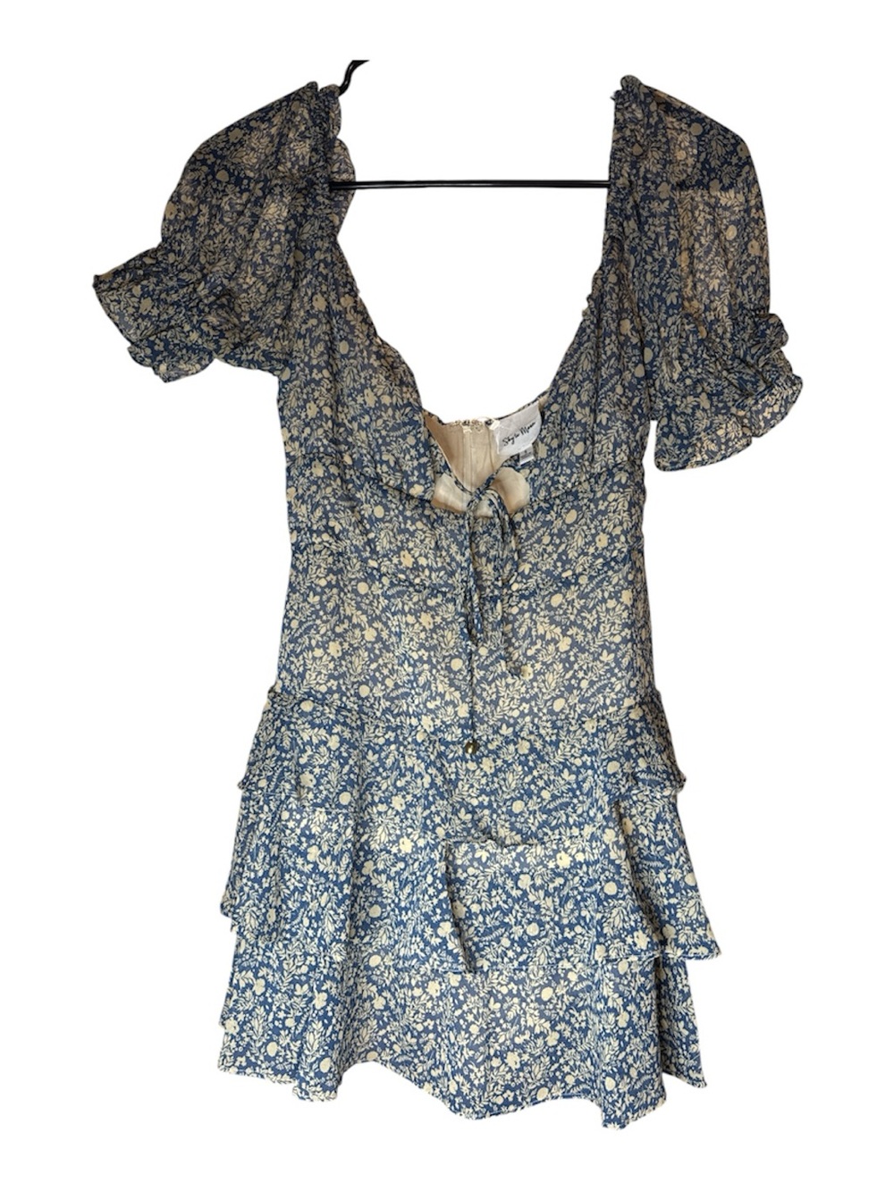 Floral Blue Tiered Mini Dress with Puff Sleeves
